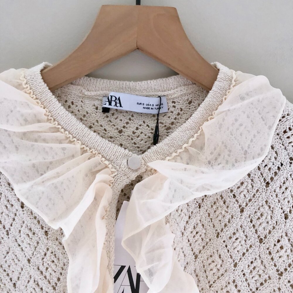 NWT ZARA Pointelle Knit Ruffled Blouse - Picture 3 of 5